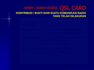 QSL CARD
OC – 28 ITU 54 LOC OI33
YB1PR
M. FAISAL ANWAR ( FAL ) PO
BOX 1096 JAKARTA 10001 - INDONESIA
TO STATION
CONFIRMING OUR QSO / SWL REPORT
TRX IC 7800
ANT 3 BAND KLM
TNX FR QSO HOPE CUAGN 73
KONFIRMASI / BUKTI DARI SUATU KOMUNIKASI RADIO
YANG TELAH DILAKUKAN
WITH
STATION
DATE TIME FREQ R.S.T QSL
FUNGSI
PERSYARATAN MEMPEROLEH AWARD’S
UJIAN KENAIKAN TINGKAT
MERUPAKAN DOKUMENTASI KOMUNIKASI
BENDA KENANGAN
BENDA KEBANGGAAN
DAPAT DIMANFAATKAN SEBAGAI MEDIA
INFORMASI
PROMOSI
KIRIM / JAWAB SEGERA
 