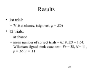Results
? 1st trial:
   C 7/16 at chance, (sign test, p = .80)
? 12 trials:
   C at chance
   C mean number of correct trials = 6.19, SD = 1.64;
     Wilcoxon signed-rank exact test: T+ = 38, N = 11,
     p = .65; r = .11



                                            21
 