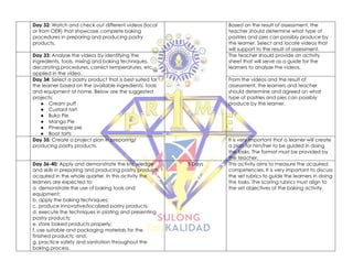 Day 32: Watch and check out different videos (local
or from OER) that showcase complete baking
procedures in preparing and producing pastry
products.
Based on the result of assessment, the
teacher should determine what type of
pastries and pies can possibly produce by
the learner. Select and locate videos that
will support to the result of assessment.
Day 33: Analyse the videos by identifying the
ingredients, tools, mixing and baking techniques,
decorating procedures, correct temperatures, etc.
applied in the video.
The teacher should provide an activity
sheet that will serve as a guide for the
learners to analyze the videos.
Day 34: Select a pastry product that is best suited for
the learner based on the available ingredients, tools
and equipment at home. Below are the suggested
projects:
● Cream puff
● Custard tart
● Buko Pie
● Mango Pie
● Pineapple pie
● Boat tarts
From the videos and the result of
assessment, the learners and teacher
should determine and agreed on what
type of pastries and pies can possibly
produce by the learner.
Day 35: Create a project plan in preparing/
producing pastry products.
It is very important that a learner will create
a plan for him/her to be guided in doing
the tasks. The format must be provided by
the teacher.
Day 36-40: Apply and demonstrate the knowledge
and skills in preparing and producing pastry products
acquired in the whole quarter. In this activity the
learners are expected to:
a. demonstrate the use of baking tools and
equipment;
b. apply the baking techniques;
c. produce innovative/localized pastry products;
d. execute the techniques in plating and presenting
pastry products;
e. store baked products properly;
f. use suitable and packaging materials for the
finished products; and,
g. practice safety and sanitation throughout the
baking process.
5 Days This activity aims to measure the acquired
competencies. It is very important to discuss
the set rubrics to guide the learners in doing
the tasks. The scoring rubrics must align to
the set objectives of the baking activity.
 