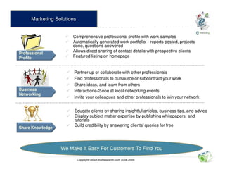 Marketing Solutions


                       Comprehensive professional profile with work samples
                       Automatically generated work portfolio – reports posted, projects
                       done, questions answered
Professional
                       Allows direct sharing of contact details with prospective clients
Profile                Featured listing on homepage


                        Partner up or collaborate with other professionals
                        Find professionals to outsource or subcontract your work
                        Share ideas, and learn from others
Business                Interact one-2-one at local networking events
Networking
                        Invite your colleagues and other professionals to join your network


                        Educate clients by sharing insightful articles, business tips, and advice
                        Display subject matter expertise by publishing whitepapers, and
                        tutorials
                        Build credibility by answering clients’ queries for free
Share Knowledge




                  We Make It Easy For Customers To Find You

                            Copyright One2OneResearch.com 2008-2009
 