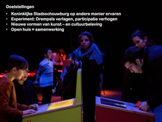 Doelstellingen
• Koninklijke Stadsschouwburg op andere manier ervaren
• Experiment: Drempels verlagen, participatie verhogen
• Nieuwe vormen van kunst – en cultuurbeleving
• Open huis = samenwerking
 