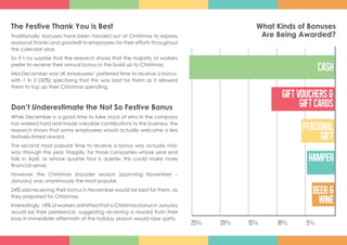 The Festive Thank You is Best
Traditionally, bonuses have been handed out at Christmas to express
seasonal thanks and goodwill to employees for their efforts throughout
the calendar year.
So it’s no surprise that the research shows that the majority of workers
prefer to receive their annual bonus in the build up to Christmas.
Mid-December was UK employees’ preferred time to receive a bonus,
with 1 in 3 (32%) specifying that this was best for them as it allowed
them to top up their Christmas spending.
Don’t Underestimate the Not So Festive Bonus
While December is a good time to take stock of who in the company
has worked hard and made valuable contributions to the business, the
research shows that some employees would actually welcome a less
festively-timed reward.
The second most popular time to receive a bonus was actually mid-
way through the year. Happily, for those companies whose year end
falls in April, or whose quarter four is quieter, this could make more
financial sense.
However, the Christmas shoulder season (spanning November –
January) was unanimously the most popular.
24% said receiving their bonus in November would be best for them, as
they prepared for Christmas.
Interestingly, 18% of workers admitted that a Christmas bonus in January
would be their preference, suggesting receiving a reward from their
boss in immediate aftermath of the holiday season would raise spirits.
What Kinds of Bonuses
Are Being Awarded?
5%10%15%20%25%
BEER&
WINE
HAMPER
PERSONAL
GIFT
GIFTVOUCHERS&
GIFTCARDS
CASH
 