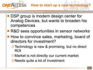 How to start up a new technology? DSP group is modem design center for Analog Devices, but wants to broaden his competences R&D sees opportunities in sensor networks How to convince sales, marketing, board of directors for investment? Technology is new & promising, but no direct ROI Market is not directly our current market Needs quite a lot of investment 