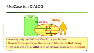 UseCase is a DIALOG
SuC

messages

Dialog

• Involving only one SuC and One Actor per Session
• There is NO scope for another actor to take part in that dialog
• Here is an analysis of ATM Cash withdrawal process NOT UseCase
02 FEB 14

7

 