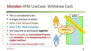 Mistaken ATM UseCase: Withdraw Cash







This is considered to be
A single UseCase in which
Actor 1 AH: Account Holder
Actor 2 BC: Bank Computer
Are required to participate together
This is actually an Unresolved Process
but mistaken and misrepresented as a
single UseCase
 A common but inexcusable error
02 FEB 14

ATM

1
AH

UC
Withdraw
Cash

2
BC
8

 