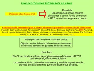 Glucocorticoides Intranasals en asma

                                                                   Resultats:
         Pedersen et al, Foresi et al                   Els corticoides nasals milloren
                                                    símptomes d'asma, funció pulmonar i
                                                    la HRB en rinitis al·lèrgica amb asma.


 Corticosteroides intranasales para el control del asma en pacientes con asma y rinitis coexistentes
(Revisión Cochrane traducida). Taramarcaz P, Gibson PG. En: La Biblioteca Cochrane Plus, 2008 Número 2.
 Oxford: Update Software Ltd. Disponible en: http://www.update-software.com. (Traducida de The Cochrane
                      Library, 2008 Issue 2. Chichester, UK: John Wiley & Sons, Ltd.).

                          Anàlisi post-hoc: revisió de 14 assajos clínics.
                     Objectiu: avaluar l’eficàcia dels corticoides intranasals
                     en la clínica asmàtica en pacients amb asma i rinitis.


                                             Resultats:
            Els CI van tendir a millorar la simptomatologia del asma i el FEV1
                             però sense significació estadística.
             La combinació de corticoides intranasals y inhalats seguirà sent la
                  pràctica clínica actual fins que es realitzin nous assajos.
 