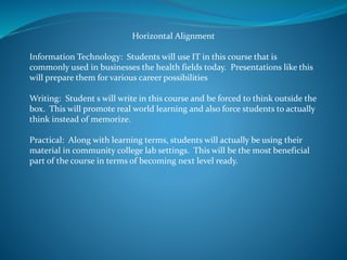 Horizontal Alignment
Information Technology: Students will use IT in this course that is
commonly used in businesses the health fields today. Presentations like this
will prepare them for various career possibilities
Writing: Student s will write in this course and be forced to think outside the
box. This will promote real world learning and also force students to actually
think instead of memorize.
Practical: Along with learning terms, students will actually be using their
material in community college lab settings. This will be the most beneficial
part of the course in terms of becoming next level ready.
 
