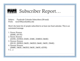Subscriber Report…
Subject: Fundcode Calendar Subscribers (30 total)
From: nco2104@columbia.edu

Here's the latest list of people subscribed to at least one fund calendar. This is an
automated message.

1. Xxxxx Xxxxxx
   (2038E, 4317E)
2. Xxxxx Xxxxxx
   (2235E, 2235EO, 2242E, 2248E, 2248EO, 2464E)
3. Xxxxxx Xxxxxx
   (2011E, 2029EO, 2462E, 2462EO, 2464E, 2465E, 2564E)
4. Xxxxxx Xxxxxx
   (2040E, 2462E, 2462EO, 2463E, 2465E, 6255E)
5. […]
 