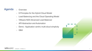 Confidential │ © VMware, Inc. 2
Agenda o Overview
o 8 Principles for the Hybrid Cloud Model
o Load Balancing and the Cloud Operating Model
o VMware NSX Advanced Load Balancer
o API Abstraction and Automation
o Demo : Application centric multi-cloud simplicity
o Q&A
 