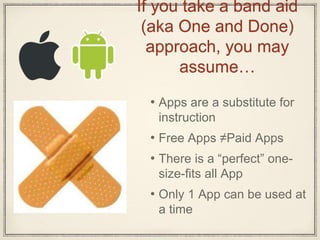 If you take a band aid
(aka One and Done)
approach, you may
assume…
• Apps are a substitute for
instruction
• Free Apps ≠Paid Apps
• There is a “perfect” one-
size-fits all App
• Only 1 App can be used at
a time
 