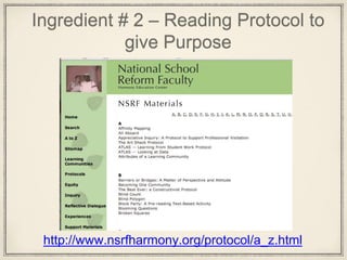 Ingredient # 2 – Reading Protocol to
give Purpose
http://www.nsrfharmony.org/protocol/a_z.html
 