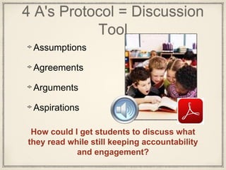 4 A's Protocol = Discussion
Tool
Assumptions
Agreements
Arguments
Aspirations
How could I get students to discuss what
they read while still keeping accountability
and engagement?
 