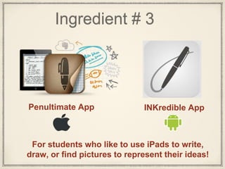 Ingredient # 3
For students who like to use iPads to write,
draw, or find pictures to represent their ideas!
Penultimate App INKredible App
 