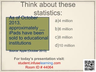 Think about these
statistics:
As of October
2013,
approximately __
iPads have been
sold to educational
institutions
Source: Apple (October 2013)
a)4 million
b)6 million
c)8 million
d)10 million
For today’s presentation visit:
student.infuselearning.com
Room ID # 44064
 