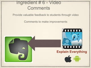 Ingredient # 6 - Video
Comments
Provide valuable feedback to students through video
Comments to make improvements
Explain Everything
 