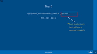 Intel Confidential 18
Step 6
cgh.parallel_for<class vector_add>(N, [=](auto i) {
C[i] = A[i] + B[i];});
18
 Each iteration (work-
item) will have a
separate index id (i)
 