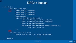 Intel Confidential 23
int main() {
float A[N], B[N], C[N];
{ buffer bufA (A, range(N));
buffer bufB (B, range(N));
buffer bufC (C, range(N));
queue myQueue;
myQueue.submit([&](handler& cgh) {
auto A = bufA.get_access(cgh, read_only);
auto B = bufB.get_access(cgh, read_only);
auto C = bufC.get_access(cgh);
cgh.parallel_for<class vector_add>(N, [=](auto i) {
C[i] = A[i] + B[i];});
});
}
for (int i = 0; i < 5; i++){
cout << "C[" << i << "] = " << C[i] <<std::endl;
}
return 0;
}
23
DPC++ basics
 