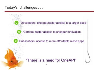 Today's challenges . . .



                          Developers; cheaper/faster access to a larger base


                            Carriers; faster access to cheaper innovation


                         Subscribers; access to more affordable niche apps




                             “There is a need for OneAPI”
                                             22

© GSM Association 2010
 
