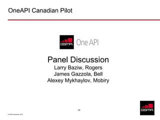 OneAPI Canadian Pilot




                         Panel Discussion
                            Larry Baziw, Rogers
                            James Gazzola, Bell
                         Alexey Mykhaylov, Mobiry




                                    29

© GSM Association 2010
 