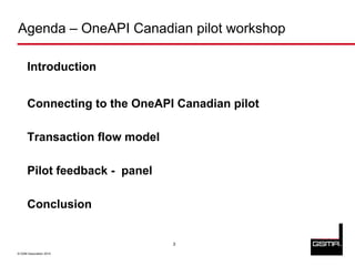 Agenda – OneAPI Canadian pilot workshop
      m
      Introduction


      Connecting to the OneAPI Canadian pilot

      Transaction flow model

      Pilot feedback - panel

      Conclusion


                               3

© GSM Association 2010
 