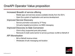 OneAPI Operator Value proposition

          Increased Breadth of service offering
                         •   Mobile apps and services access available directly from the ISV's
                         •   Open Eco system of application and service development
          Improved Service Discovery
                         •   Service promotion executed by 3rd Party
                         •   3rd party targeted promotions via SMS messaging
          Improved Discovery to Sale Conversion
                         •   Click to Buy (supported post pilot phase)
                         •   Removal of credit cards barrier to service purchase via Bill on Behalf of
          API Monetisation
                         •   Bill on Behalf revenue share
                         •   Wholesale of bulk messaging and location




                                                         6

© GSM Association 2010
 