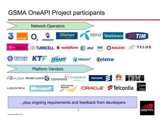 GSMA OneAPI Project participants

                         Network Operators




                         Platform Vendors




                …plus ongoing requirements and feedback from developers
                                              8

© GSM Association 2010
 