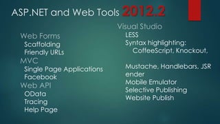 ASP.NET and Web Tools 2012.2
Scaffolding
Friendly URLs
Single Page Applications
Facebook
OData
Tracing
Help Page
LESS
Syntax highlighting:
CoffeeScript, Knockout,
Mustache, Handlebars, JSR
ender
Mobile Emulator
Selective Publishing
Website Publish
