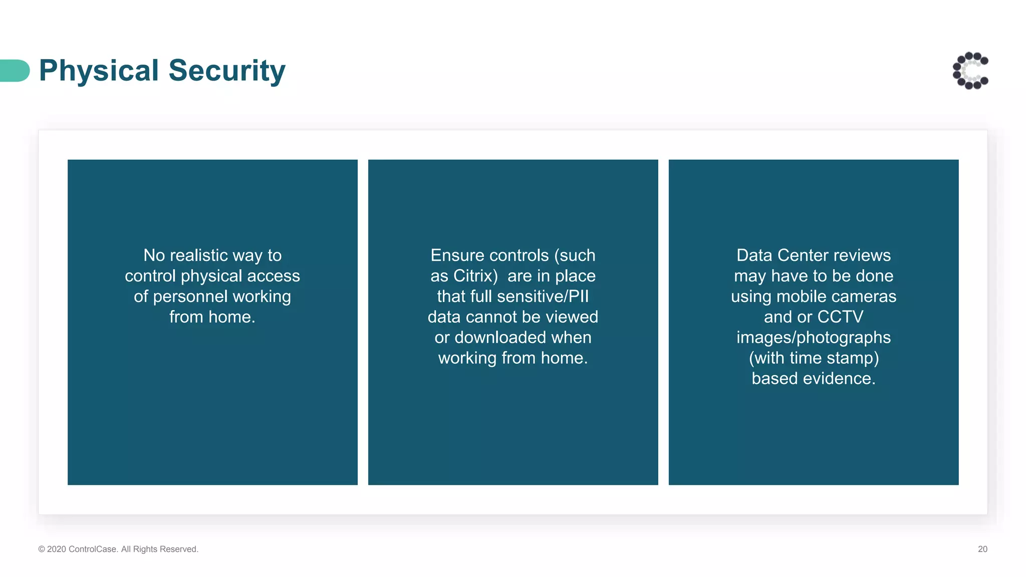 Physical Security
© 2020 ControlCase. All Rights Reserved. 20
No realistic way to
control physical access
of personnel working
from home.
Ensure controls (such
as Citrix) are in place
that full sensitive/PII
data cannot be viewed
or downloaded when
working from home.
Data Center reviews
may have to be done
using mobile cameras
and or CCTV
images/photographs
(with time stamp)
based evidence.
 