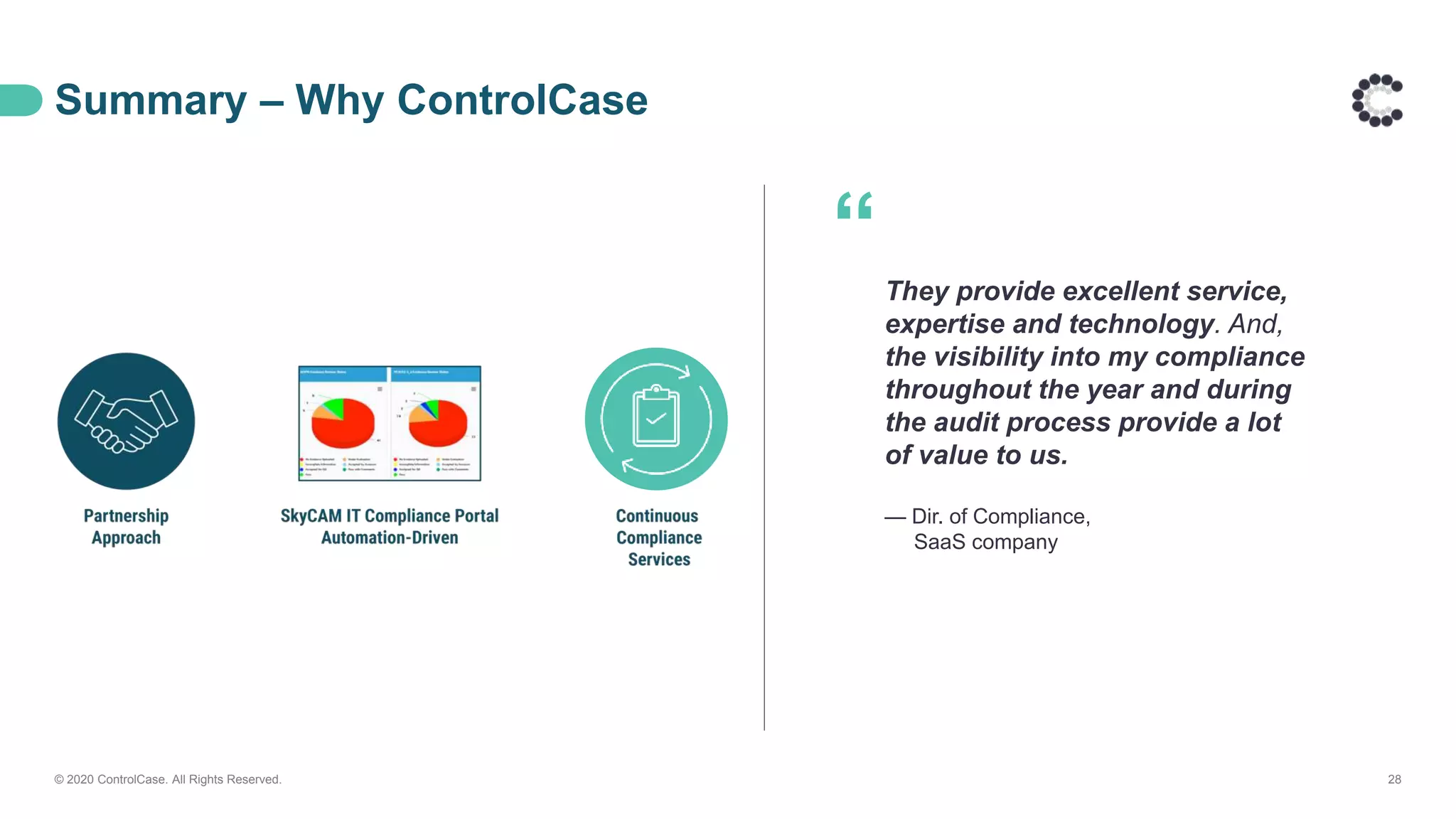Summary – Why ControlCase
© 2020 ControlCase. All Rights Reserved. 28
“They provide excellent service,
expertise and technology. And,
the visibility into my compliance
throughout the year and during
the audit process provide a lot
of value to us.
— Dir. of Compliance,
SaaS company
 