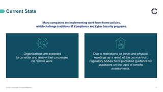 Current State
Many companies are implementing work-from-home policies,
which challenge traditional IT Compliance and Cyber Security programs.
© 2020 ControlCase. All Rights Reserved. 11
Organizations are expected
to consider and review their processes
on remote work.
Due to restrictions on travel and physical
meetings as a result of the coronavirus,
regulatory bodies have published guidance for
assessors on the topic of remote
assessments.
 