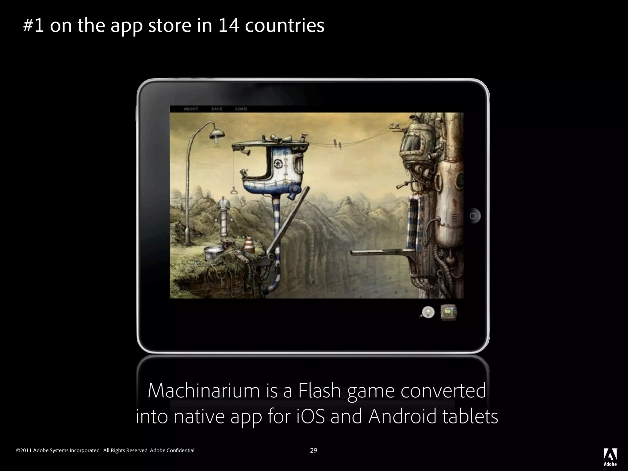#1 on the app store in 14 countries




                                                  Machinarium is a Flash game converted
                                                into native app for iOS and Android tablets
©2011 Adobe Systems Incorporated. All Rights Reserved. Adobe Con dential.   29
 
