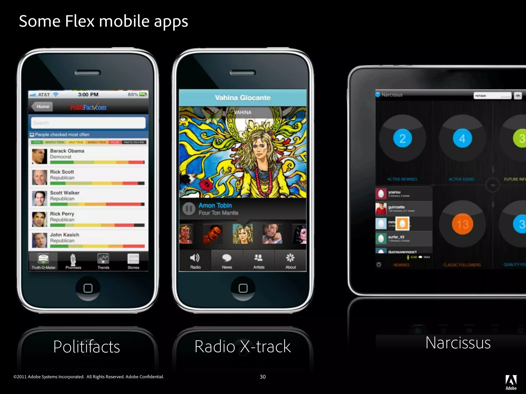 Some Flex mobile apps




                   Politifacts                                              Radio X-track   Narcissus
©2011 Adobe Systems Incorporated. All Rights Reserved. Adobe Con dential.           30
 