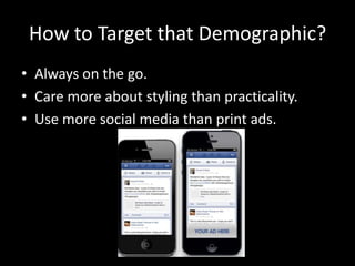How to Target that Demographic?
• Always on the go.
• Care more about styling than practicality.
• Use more social media than print ads.