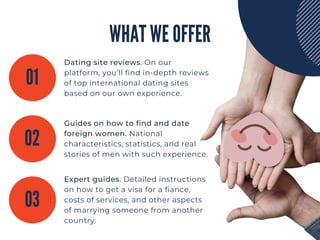 WHAT WE OFFER
Dating site reviews. On our
platform, you’ll find in-depth reviews
of top international dating sites
based on our own experience.
01
02
03
Guides on how to find and date
foreign women. National
characteristics, statistics, and real
stories of men with such experience.
Expert guides. Detailed instructions
on how to get a visa for a fiance,
costs of services, and other aspects
of marrying someone from another
country.
 
