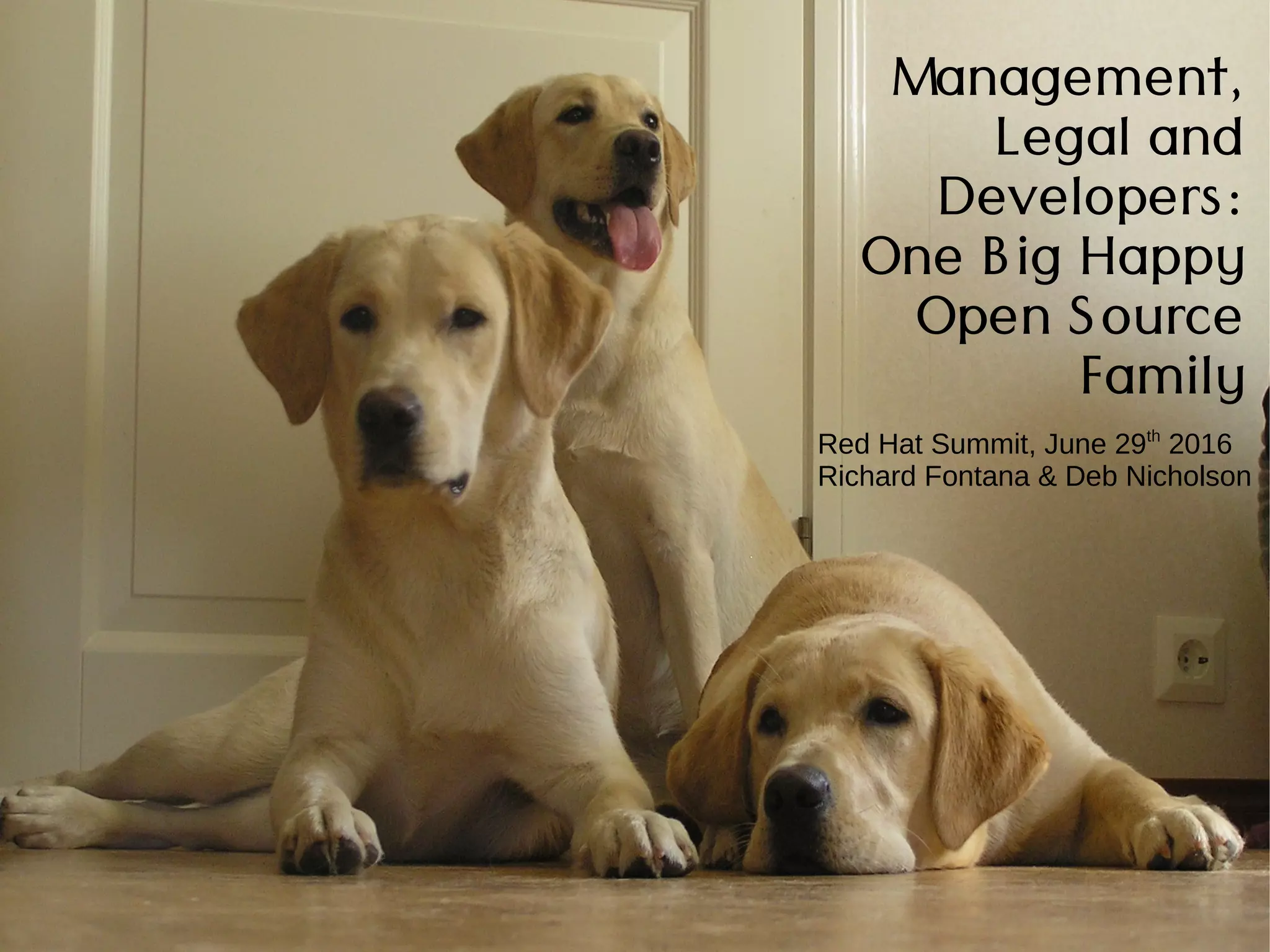 Management,
Legal and
Developers:
One Big Happy
Open Source
Family
Red Hat Summit, June 29th
2016
Richard Fontana & Deb Nicholson
 