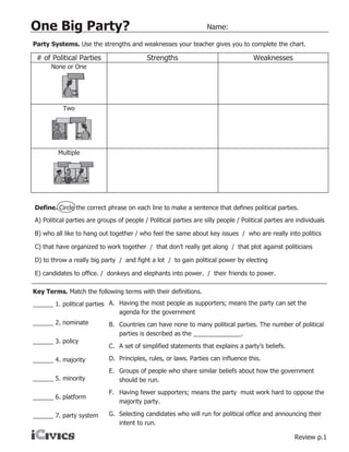 Icivics one big party worksheet answers
