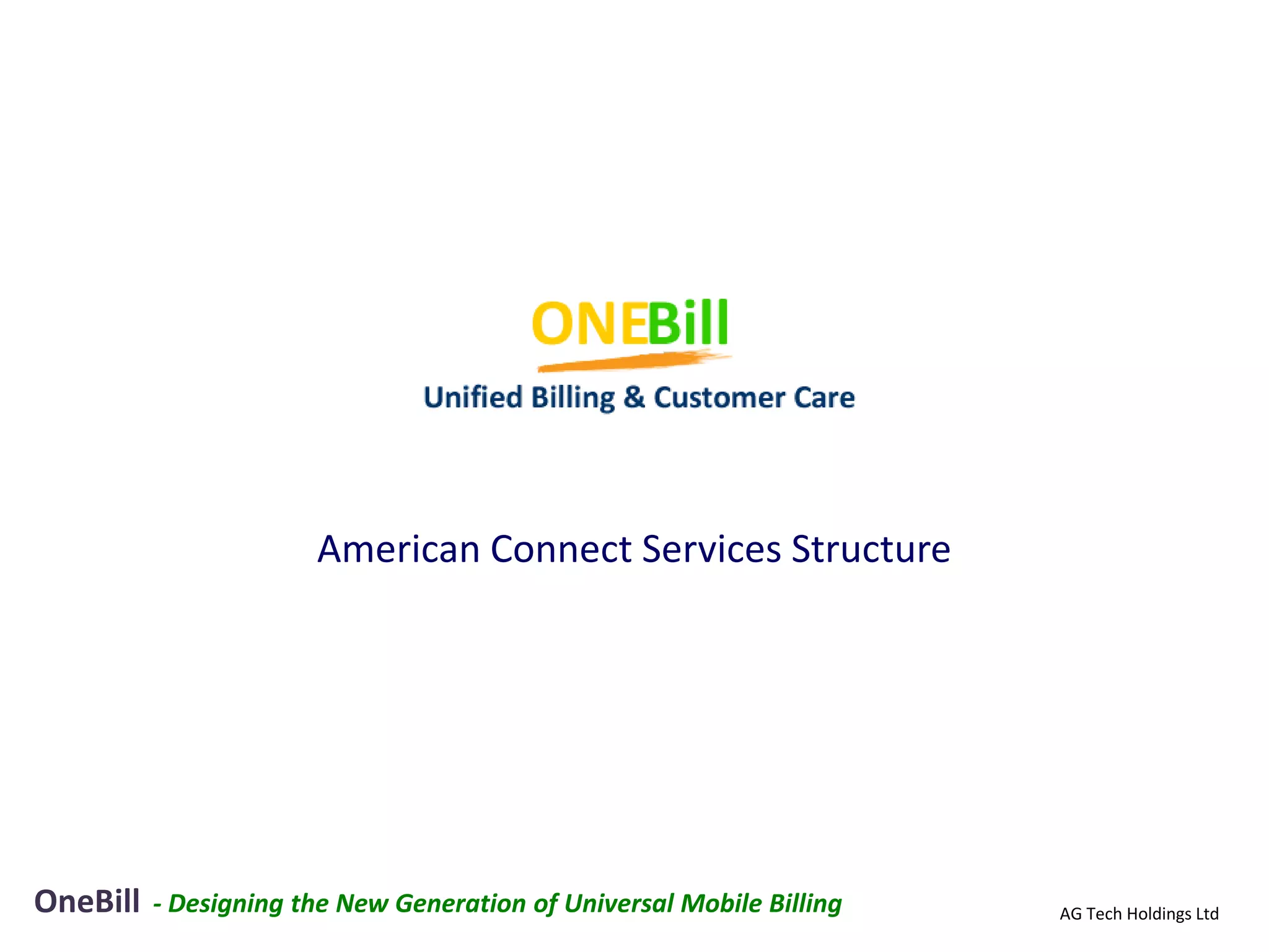American Connect Services Structure




OneBill   - Designing the New Generation of Universal Mobile Billing   AG Tech Holdings Ltd
 
