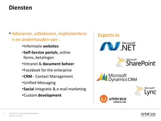 Diensten



     Adviseren, uittekenen, implementere                   Experts in
      n en onderhouden van :
                    Informatie websites
                    Self-Service portals, online
                     forms, betalingen
                    Intranet & document beheer
                    Facebook for the enterprise
                    CRM - Contact Management
                    Unified Messaging
                    Social integratie & e-mail marketing
                    Custom development
                                                                   WEBSITE CMS




5   The future of membership organisations
    October 11th 2011
 
