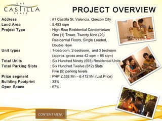 PROJECT OVERVIEW
Address : #1 Castilla St. Valencia, Quezon City
Land Area : 5,452 sqm
Project Type : High-Rise Residential Condominium
One (1) Tower, Twenty Nine (29)
Residential Floors, Single Loaded,
Double Row
Unit types : 1-bedroom, 2-bedroom, and 3 bedroom
(approx. gross area 42 sqm – 85 sqm)
Total Units : Six Hundred Ninety (693) Residential Units
Total Parking Slots : Six Hundred Twelve (612) Slots
Five (5) parking levels
Price segment : PHP 2.538 Mn – 6.412 Mn (List Price)
Building Footprint : 33%
Open Space : 67%
CONTENT MENUCONTENT MENU
 