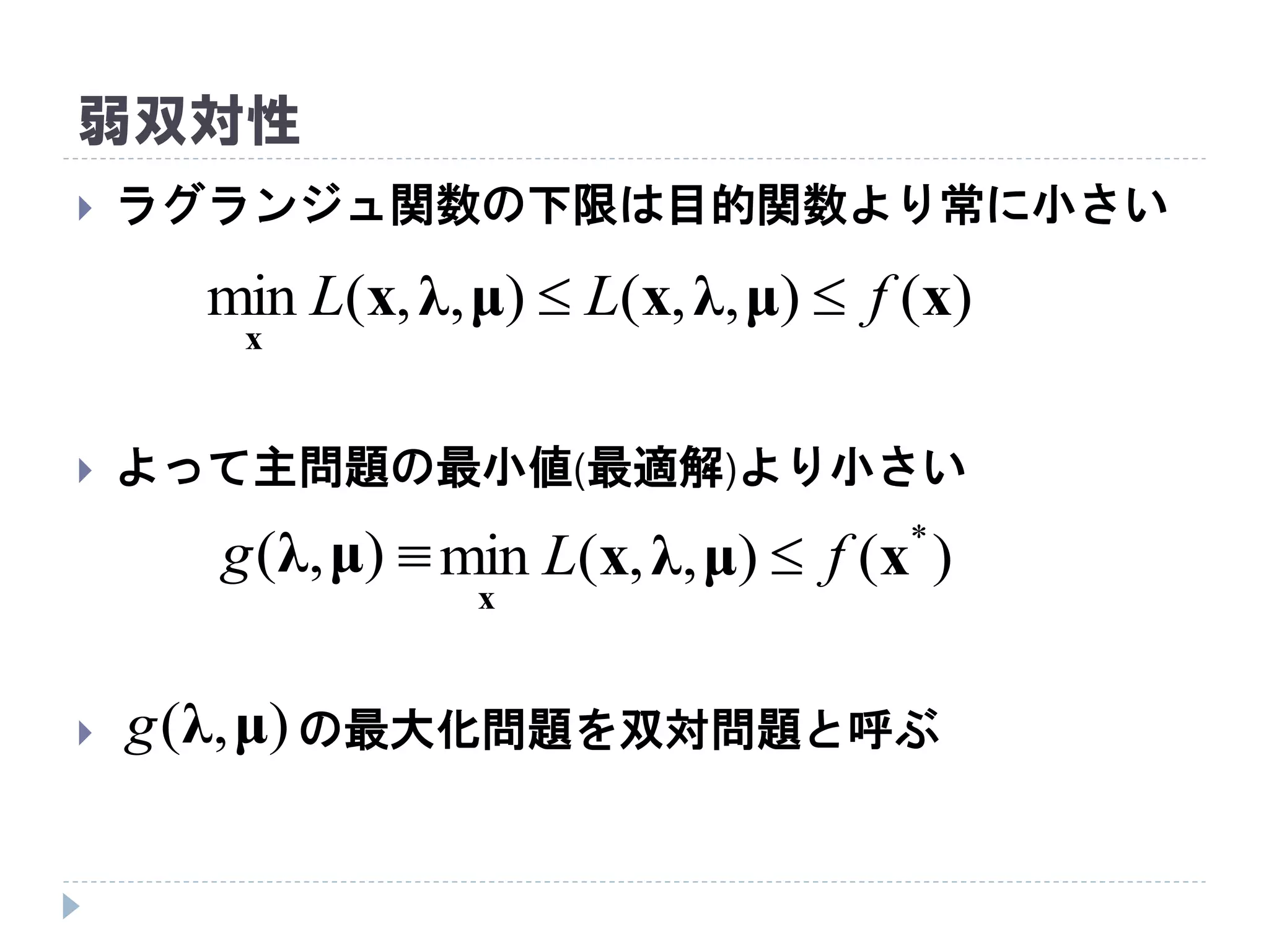 弱双対性
 ラグランジュ関数の下限は目的関数より常に小さい
 よって主問題の最小値(最適解)より小さい
 の最大化問題を双対問題と呼ぶ
)(),,(),,(min xμλxμλx
x
fLL 
),( μλg )(),,(min *
xμλx
x
fL 
),( μλg
 