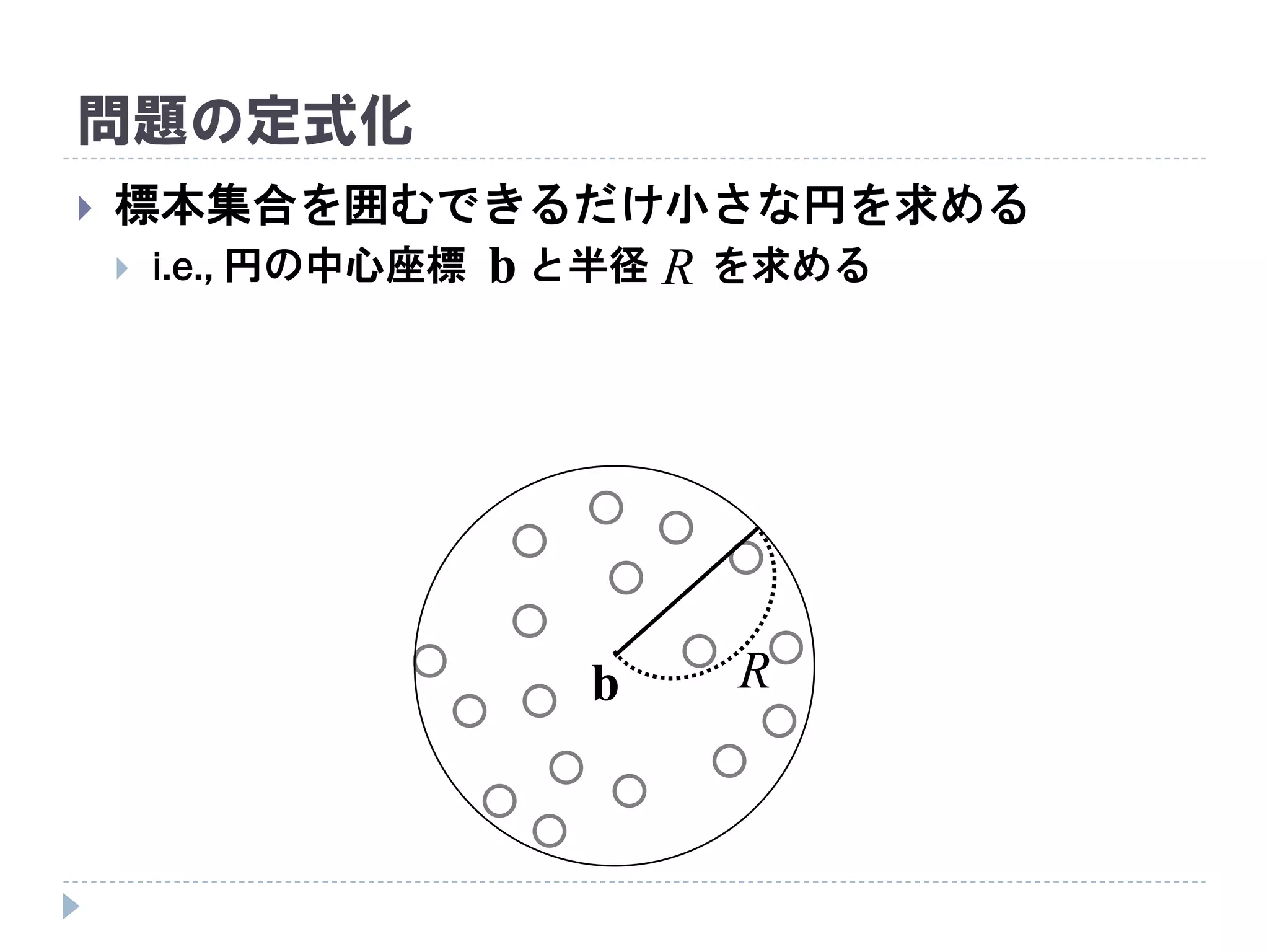 問題の定式化
 標本集合を囲むできるだけ小さな円を求める
 i.e., 円の中心座標 と半径 を求める
R
Rb
b
 