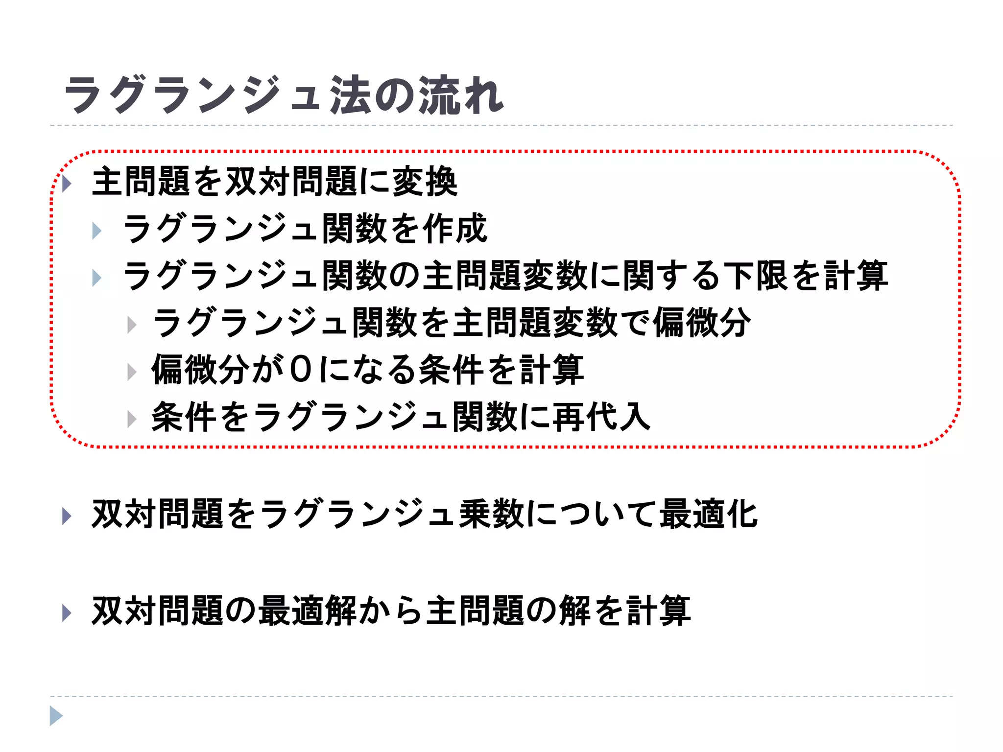 ラグランジュ法の流れ
 主問題を双対問題に変換
 ラグランジュ関数を作成
 ラグランジュ関数の主問題変数に関する下限を計算
 ラグランジュ関数を主問題変数で偏微分
 偏微分が０になる条件を計算
 条件をラグランジュ関数に再代入
 双対問題をラグランジュ乗数について最適化
 双対問題の最適解から主問題の解を計算
 