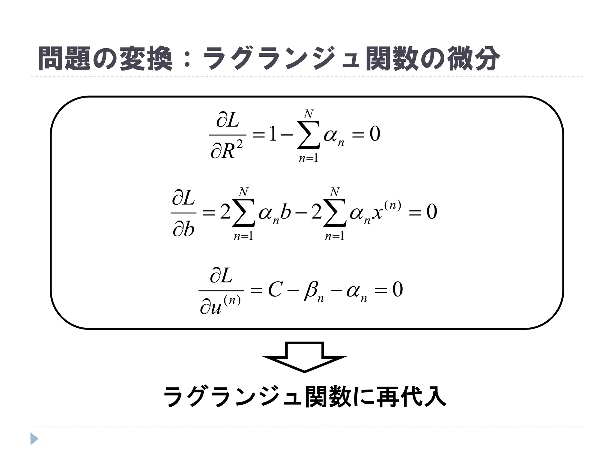 問題の変換：ラグランジュ関数の微分
01
1
2




N
n
n
R
L

0)(



nnn
C
u
L

022
1 1
)(



  
N
n
N
n
n
nn xb
b
L

ラグランジュ関数に再代入
 
