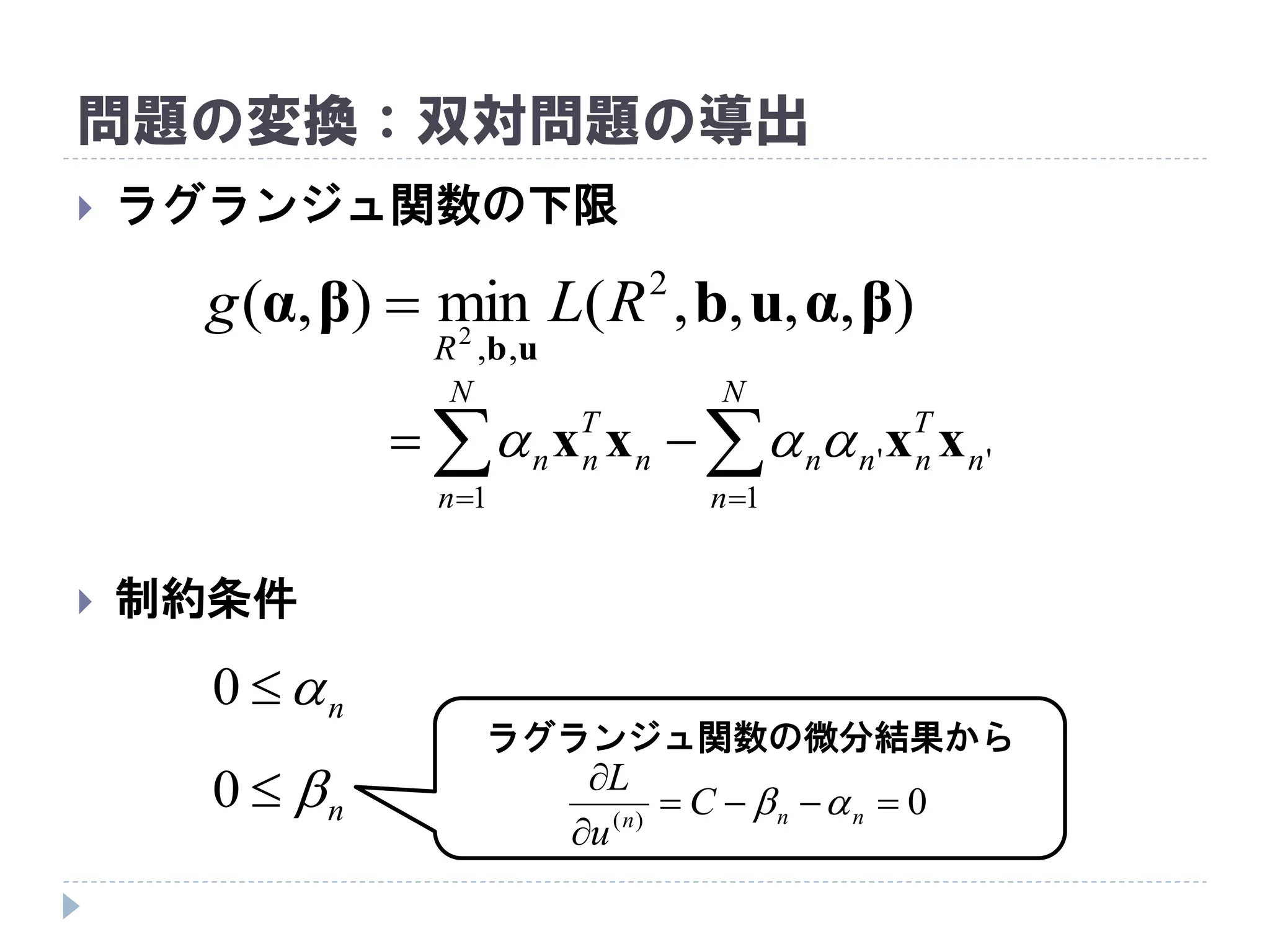 問題の変換：双対問題の導出
 ラグランジュ関数の下限
 制約条件
),,,,(min),( 2
,,2
βαubβα
ub
RLg
R

 

N
n
n
T
nnn
N
n
n
T
nn
1
''
1
xxxx 
n0
n0
ラグランジュ関数の微分結果から
0)(



nnn
C
u
L

 