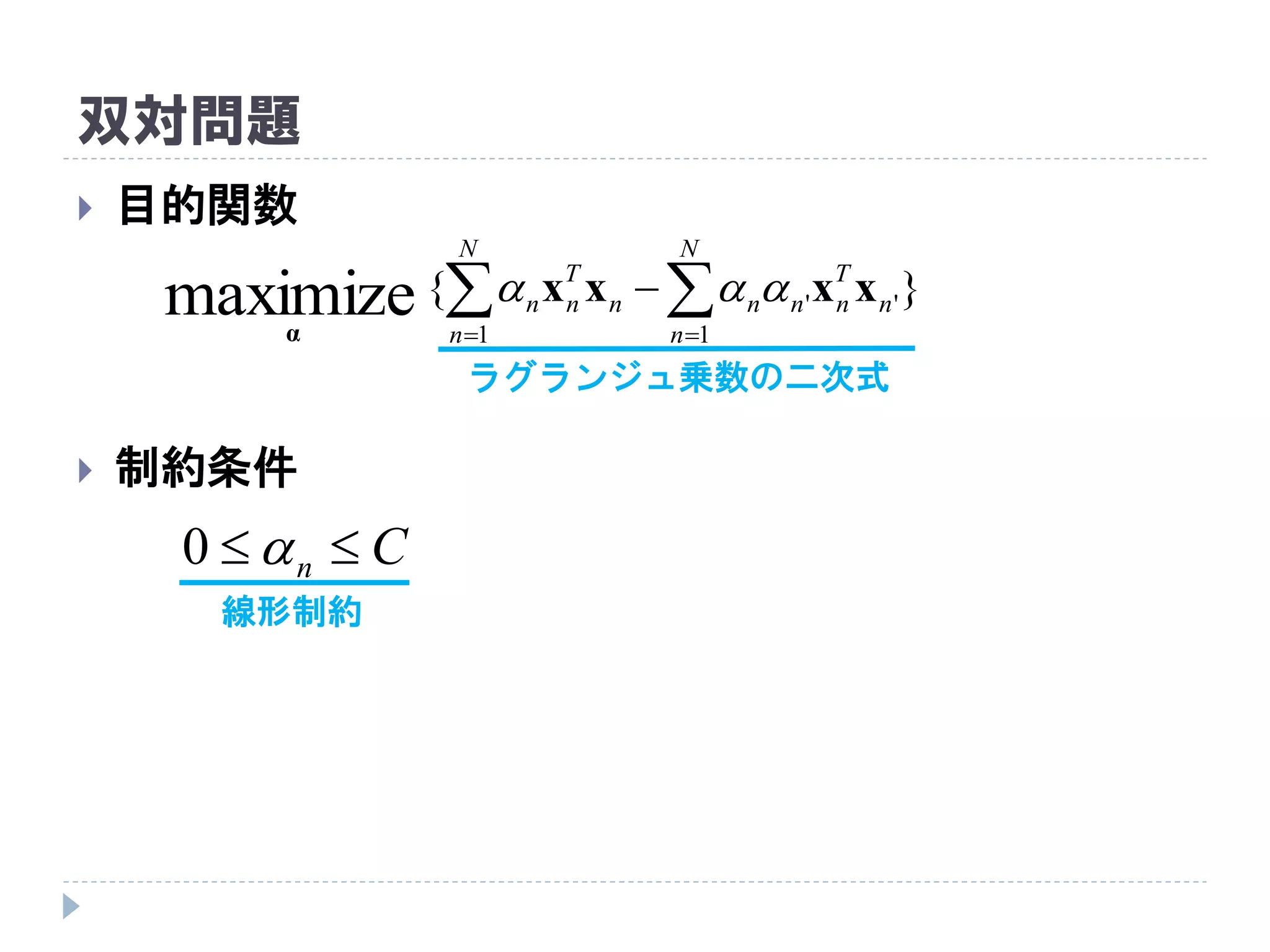 双対問題
 目的関数
 制約条件
}{
1
''
1
maximize  

N
n
n
T
nnn
N
n
n
T
nn xxxx
α

Cn  0
ラグランジュ乗数の二次式
線形制約
 