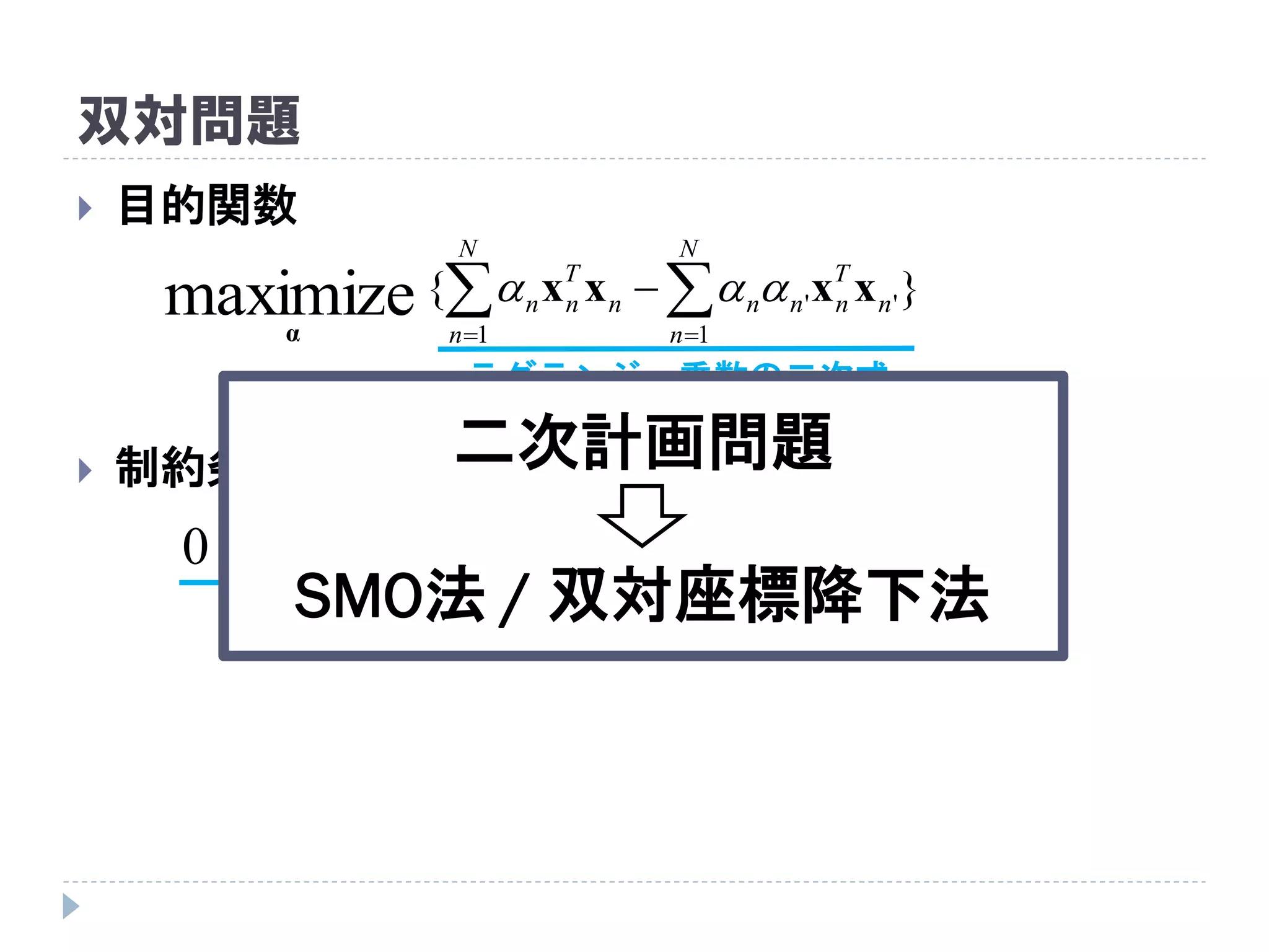 双対問題
 目的関数
 制約条件
}{
1
''
1
maximize  

N
n
n
T
nnn
N
n
n
T
nn xxxx
α

Cn  0
ラグランジュ乗数の二次式
線形制約
二次計画問題
SMO法 / 双対座標降下法
 
