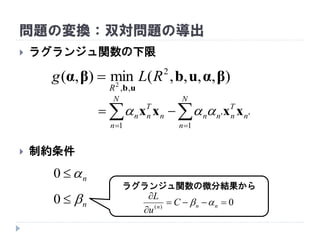 問題の変換：双対問題の導出
 ラグランジュ関数の下限
 制約条件
),,,,(min),( 2
,,2
βαubβα
ub
RLg
R

 

N
n
n
T
nnn
N
n
n
T
nn
1
''
1
xxxx 
n0
n0
ラグランジュ関数の微分結果から
0)(



nnn
C
u
L

 