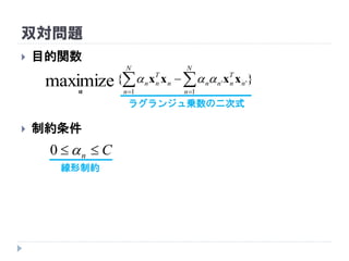 双対問題
 目的関数
 制約条件
}{
1
''
1
maximize  

N
n
n
T
nnn
N
n
n
T
nn xxxx
α

Cn  0
ラグランジュ乗数の二次式
線形制約
 