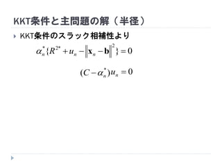 KKT条件と主問題の解（半径）
 KKT条件のスラック相補性より
0nu)( *
nC 
0}{
2*2*
 bxnnn uR
 