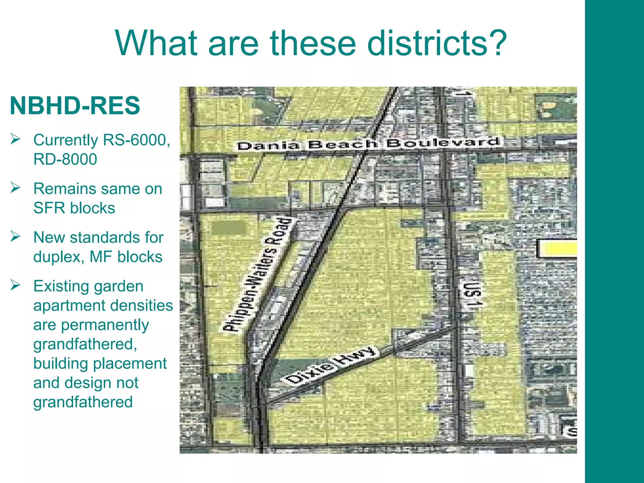 NBHD-RES Currently RS-6000, RD-8000 Remains same on SFR blocks New standards for duplex, MF blocks Existing garden apartment densities are permanently grandfathered, building placement and design not grandfathered What are these districts? 